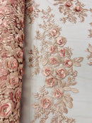 3D Rhinestone Rose Fabric - Dusty Rose - Embroidered 3D Roses Design on Mesh Fabric Sold by Yard