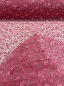 Metallic Floral Lace Fabric - Dusty Rose - Embroidered  Flower Design on Lace Mesh Fabric By Yard