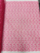 Metallic Floral Lace Fabric - Dusty Rose - Embroidered  Flower Design on Lace Mesh Fabric By Yard