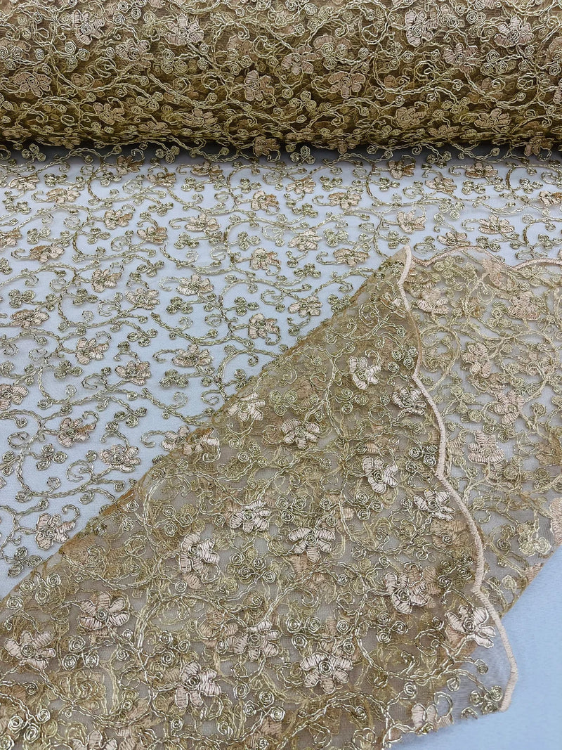 Metallic Floral Lace Fabric - Gold  - Embroidered  Flower Design on Lace Mesh Fabric By Yard