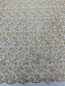 Metallic Floral Lace Fabric - Gold  - Embroidered  Flower Design on Lace Mesh Fabric By Yard