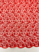 Metallic Floral Lace Fabric - Red - Embroidered  Flower Design on Lace Mesh Fabric By Yard