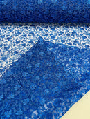 Metallic Floral Lace Fabric - Royal Blue - Embroidered  Flower Design on Lace Mesh Fabric By Yard