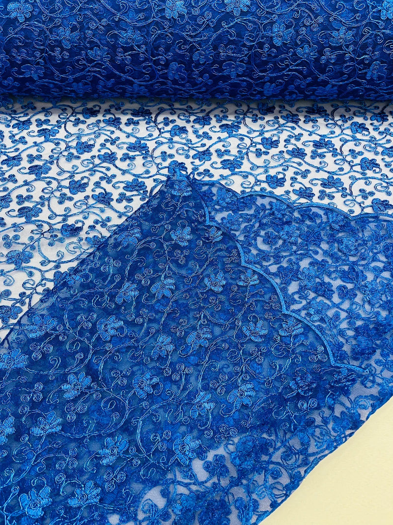 Metallic Floral Lace Fabric - Royal Blue - Embroidered  Flower Design on Lace Mesh Fabric By Yard