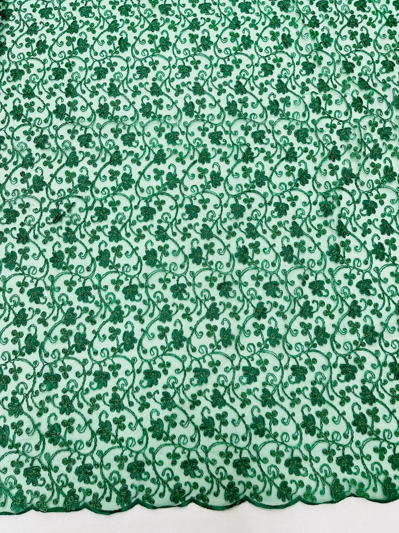 Metallic Floral Lace Fabric - Metallic Green - Embroidered  Flower Design on Lace Mesh Fabric By Yard