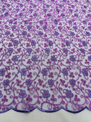 Metallic Floral Lace Fabric - Lilac - Embroidered  Flower Design on Lace Mesh Fabric By Yard