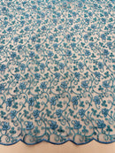 Metallic Floral Lace Fabric - Turquoise - Embroidered  Flower Design on Lace Mesh Fabric By Yard