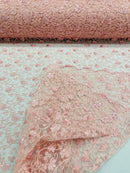 Metallic Floral Lace Fabric - Pink - Embroidered  Flower Design on Lace Mesh Fabric By Yard