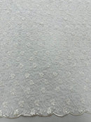 Metallic Floral Lace Fabric - White - Embroidered  Flower Design on Lace Mesh Fabric By Yard