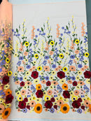 3D Floral and Leaves Embroidery - Peach - Multi Color Flower Design on Mesh by Yard