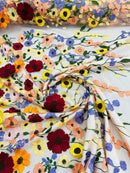 3D Floral and Leaves Embroidery - Peach - Multi Color Flower Design on Mesh by Yard