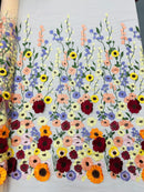 3D Floral and Leaves Embroidery - Champagne - Multi Color Flower Design on Mesh by Yard
