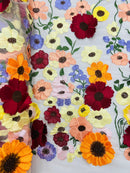 3D Floral and Leaves Embroidery - Champagne - Multi Color Flower Design on Mesh by Yard