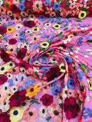 3D Floral and Leaves Embroidery - Red - Multi Color Flower Design on Mesh by Yard
