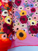 3D Floral and Leaves Embroidery - Red - Multi Color Flower Design on Mesh by Yard