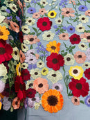 3D Floral and Leaves Embroidery - Hunter Green - Multi Color Flower Design on Mesh by Yard