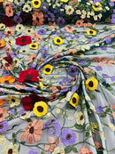 3D Floral and Leaves Embroidery - Hunter Green - Multi Color Flower Design on Mesh by Yard