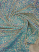Mini Glitz Sequins - Iridescent Blue/ White on White Mesh - Mini Sequins 4 Way Stretch Mesh Fabric