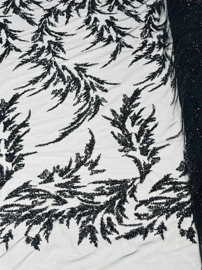 Leaf Plant Cluster Design Fabric - Black - Beaded Embroidered Leaves Design on Lace Mesh By Yard