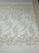Leaf Plant Cluster Design Fabric - Clear Blush on Mesh - Beaded Embroidered Leaves Design on Lace Mesh By Yard