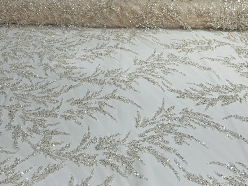 Leaf Plant Cluster Design Fabric - Clear Blush on Mesh - Beaded Embroidered Leaves Design on Lace Mesh By Yard