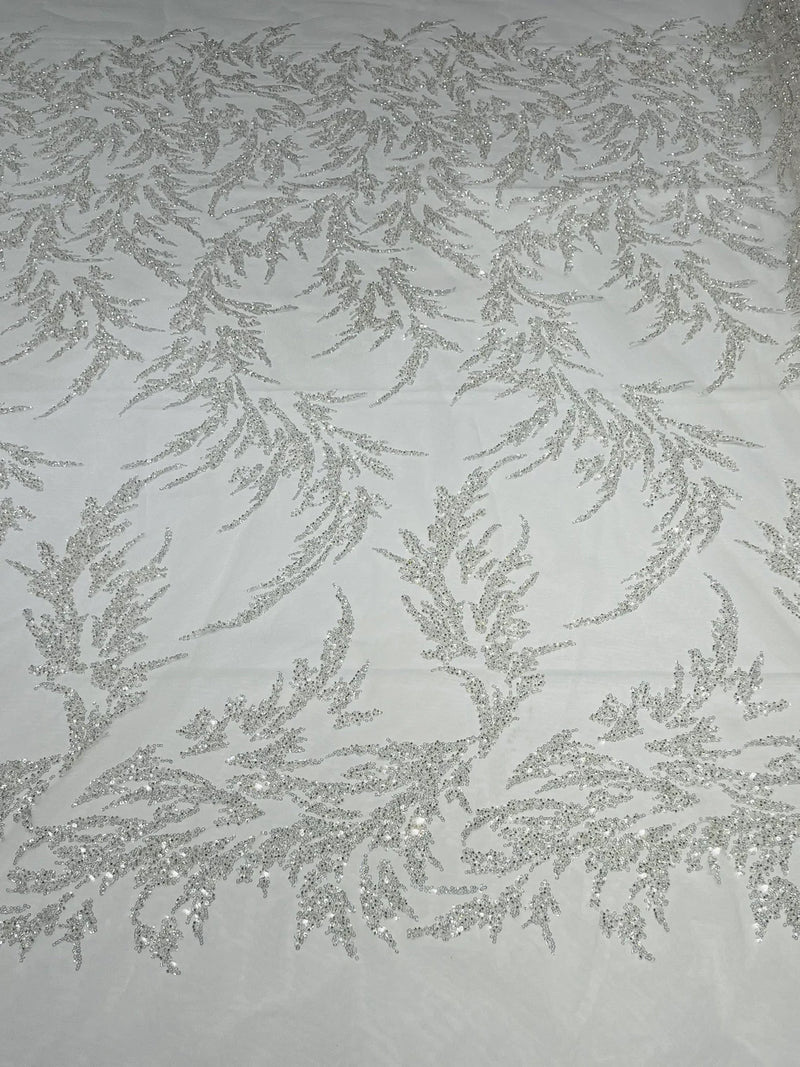 Leaf Plant Cluster Design Fabric - White - Beaded Embroidered Leaves Design on Lace Mesh By Yard