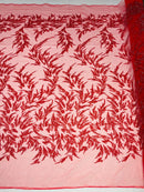 Leaf Plant Cluster Design Fabric - Red - Beaded Embroidered Leaves Design on Lace Mesh By Yard