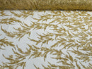 Leaf Plant Cluster Design Fabric - Gold - Beaded Embroidered Leaves Design on Lace Mesh By Yard
