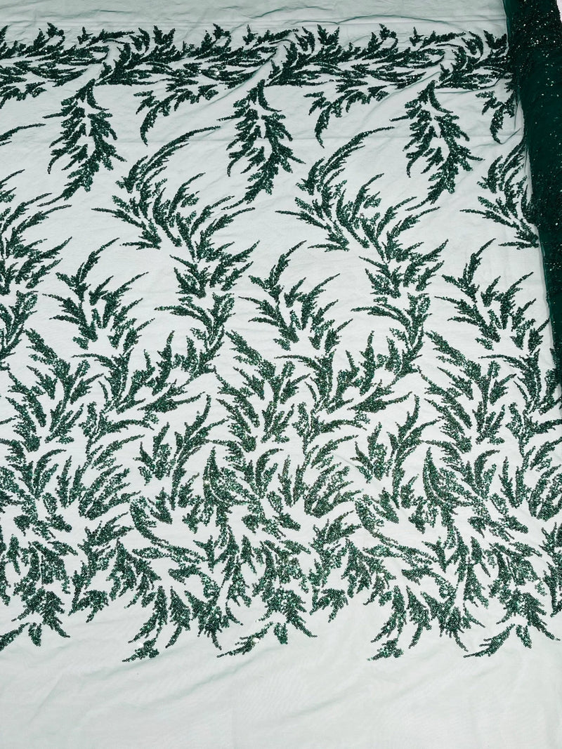 Leaf Plant Cluster Design Fabric - Hunter Green - Beaded Embroidered Leaves Design on Lace Mesh By Yard