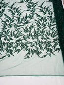 Leaf Plant Cluster Design Fabric - Hunter Green - Beaded Embroidered Leaves Design on Lace Mesh By Yard