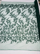 Leaf Plant Cluster Design Fabric - Hunter Green - Beaded Embroidered Leaves Design on Lace Mesh By Yard