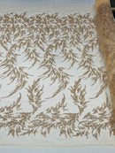Leaf Plant Cluster Design Fabric - Rose Gold - Beaded Embroidered Leaves Design on Lace Mesh By Yard
