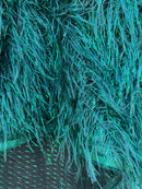 Metallic Eyelash Fabric - Hunter Green - Feather/Eyelash/Fringe Design on Mesh By Yard