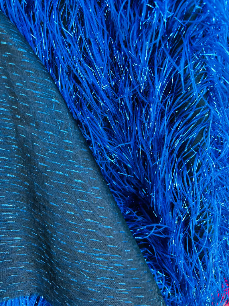 Metallic Eyelash Fabric - Royal Blue - Feather/Eyelash/Fringe Design on Mesh By Yard