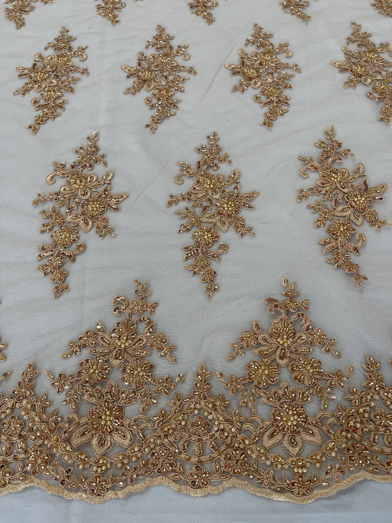 Beaded Shiny Floral Cluster - Champagne - Embroidered Luxury Floral Design by Yard