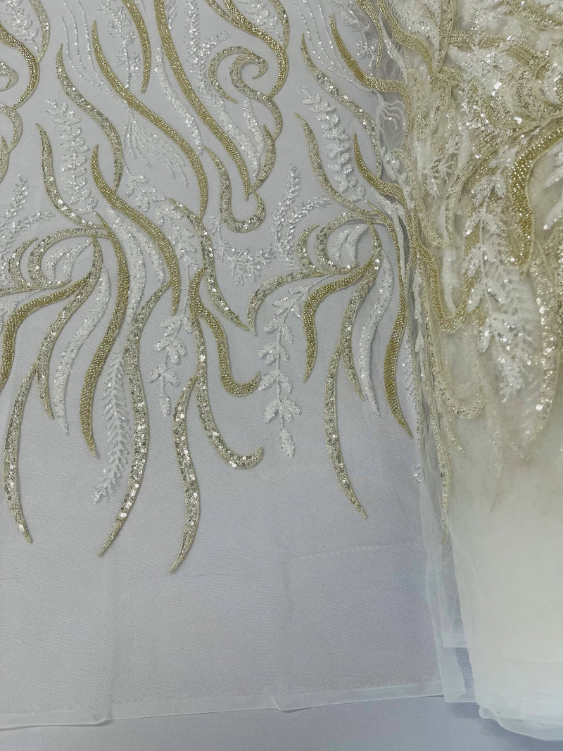 Sea Plant Design Fabric - Ivory - Beaded Embroidered Sea Plant Design Fabric by Yard