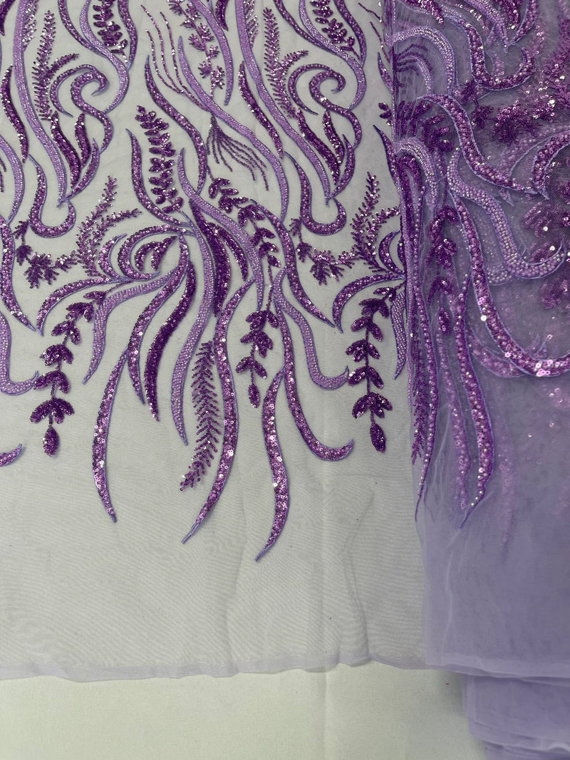 Sea Plant Design Fabric - Lilac - Beaded Embroidered Sea Plant Design Fabric by Yard