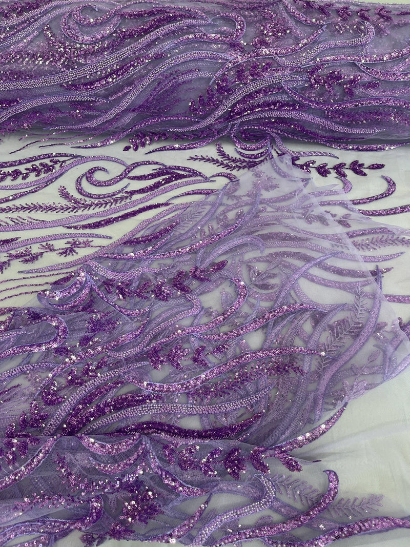 Sea Plant Design Fabric - Lilac - Beaded Embroidered Sea Plant Design Fabric by Yard