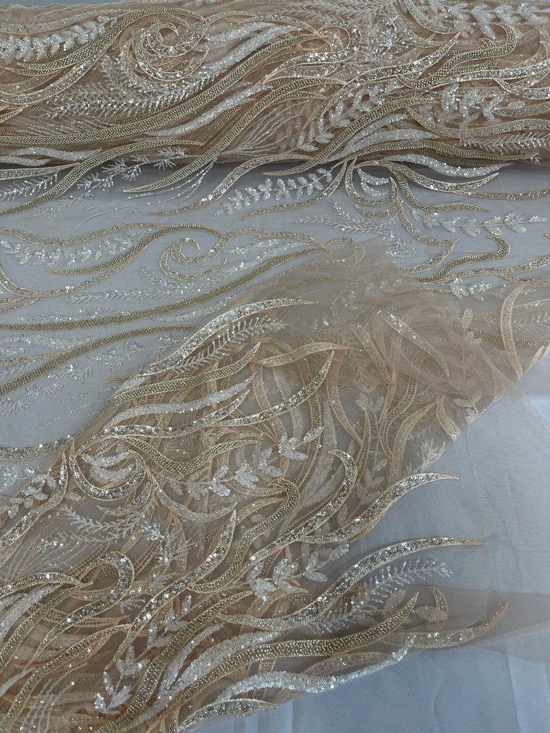 Sea Plant Design Fabric - Clear on Nude Mesh - Beaded Embroidered Sea Plant Design Fabric by Yard