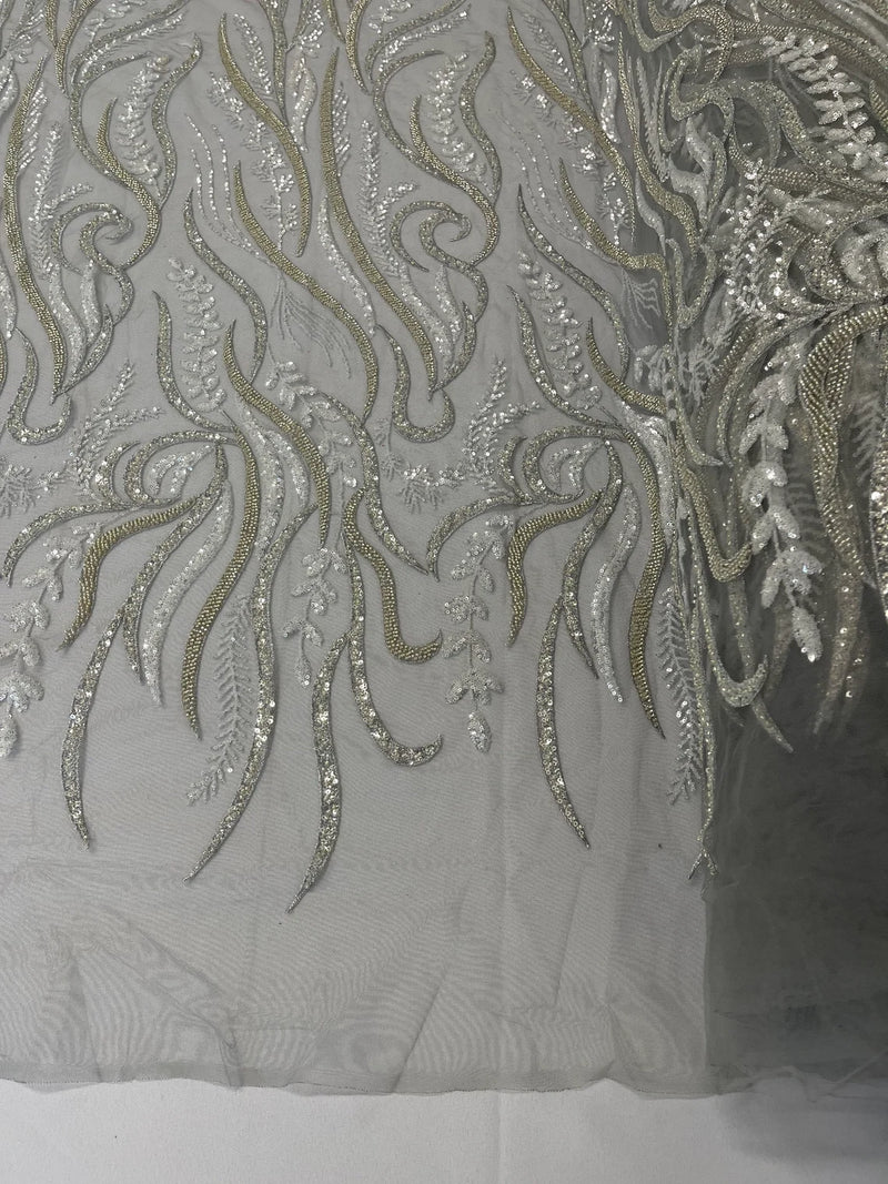 Sea Plant Design Fabric - Silver - Beaded Embroidered Sea Plant Design Fabric by Yard