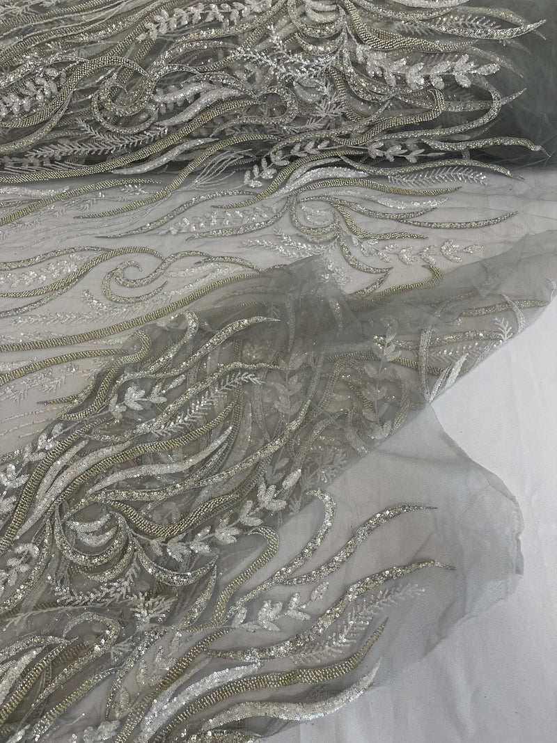 Sea Plant Design Fabric - Silver - Beaded Embroidered Sea Plant Design Fabric by Yard