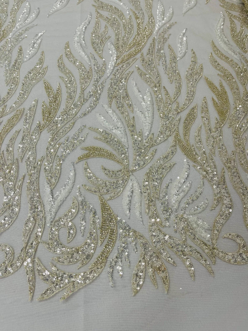 Fire Flame Bead Design - Clear Cream - Embroidered Fire Flame Design Fabric with Beads by Yard