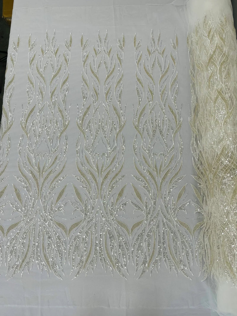 Beaded Elegant Leaf Fabric - Ivory - Embroidered Leaf Design Beaded Fabric Sold by Yard