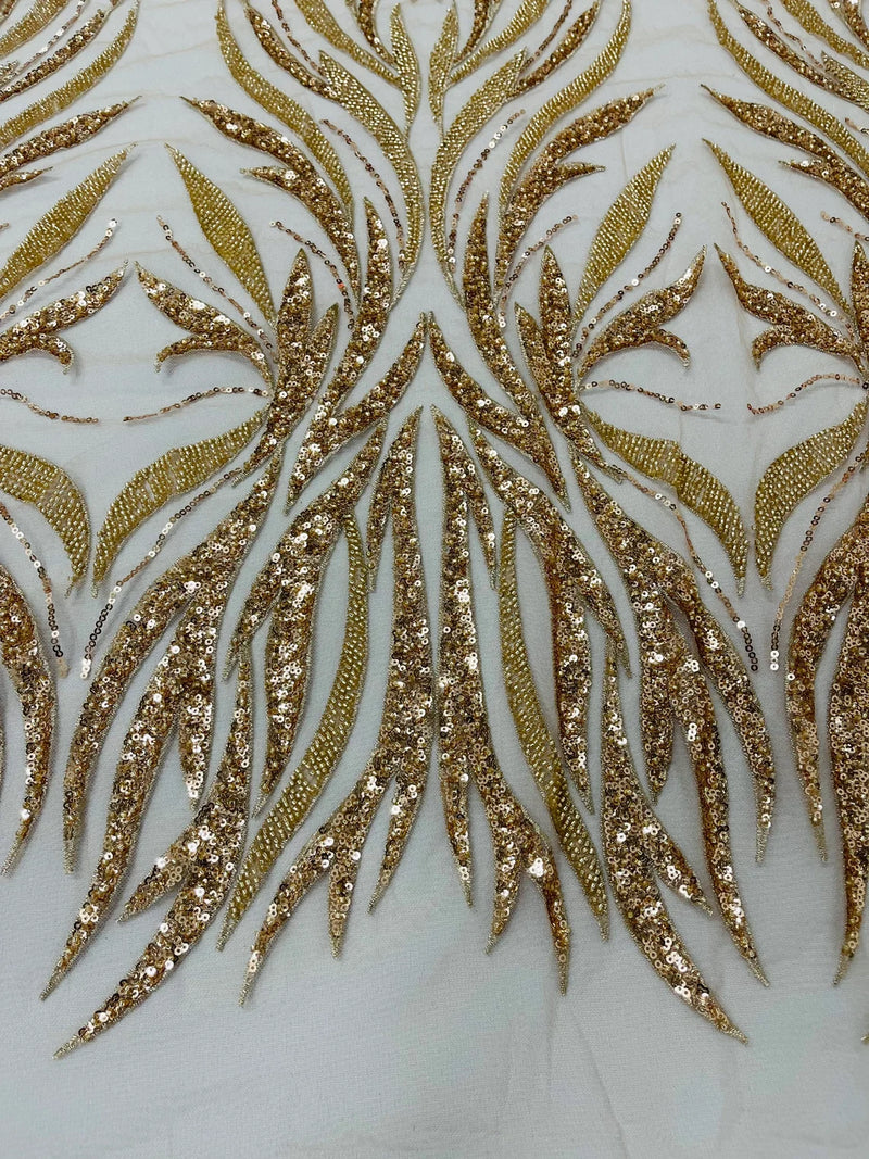 Beaded Elegant Leaf Fabric - Rose Gold - Embroidered Leaf Design Beaded Fabric Sold by Yard