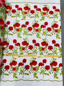 Rose Plant Lace Fabric - Red on White - Embroidered Full Rose Design on Lace By Yard