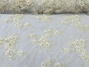3D Flowers and Rhinestone - Ivory - Elegant Realistic Flowers Embroidered On Lace Fabric By Yard