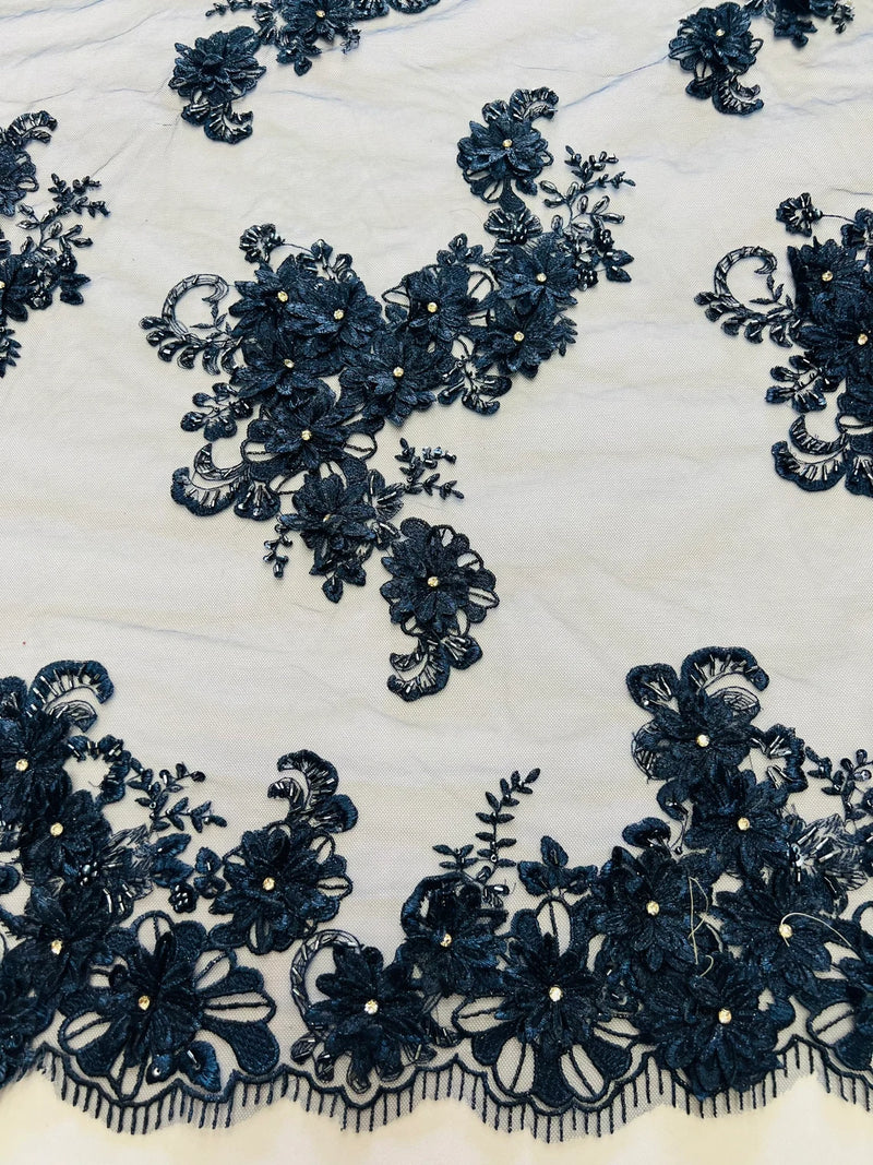3D Flowers and Rhinestone - Navy Blue - Elegant Realistic Flowers Embroidered On Lace Fabric By Yard