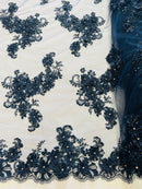 3D Flowers and Rhinestone - Navy Blue - Elegant Realistic Flowers Embroidered On Lace Fabric By Yard