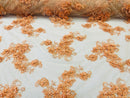 3D Flowers and Rhinestone - Peach - Elegant Realistic Flowers Embroidered On Lace Fabric By Yard