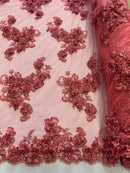 3D Flowers and Rhinestone - Coral - Elegant Realistic Flowers Embroidered On Lace Fabric By Yard